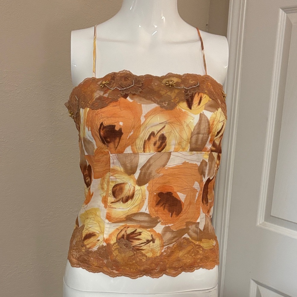 Hale Bob Floral Lace Trim Beaded Camisole Top - Orange and Brown XS